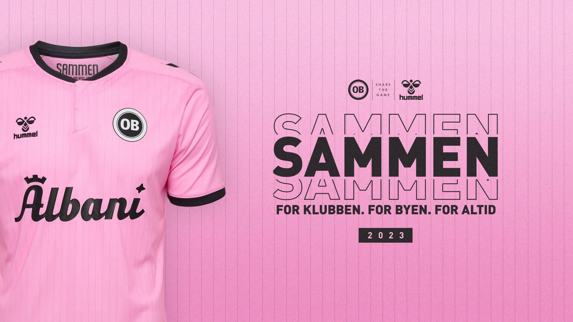 Lyserød tredjetrøje for Odense Boldklub med SAMMEN-tekst og sort kontrast