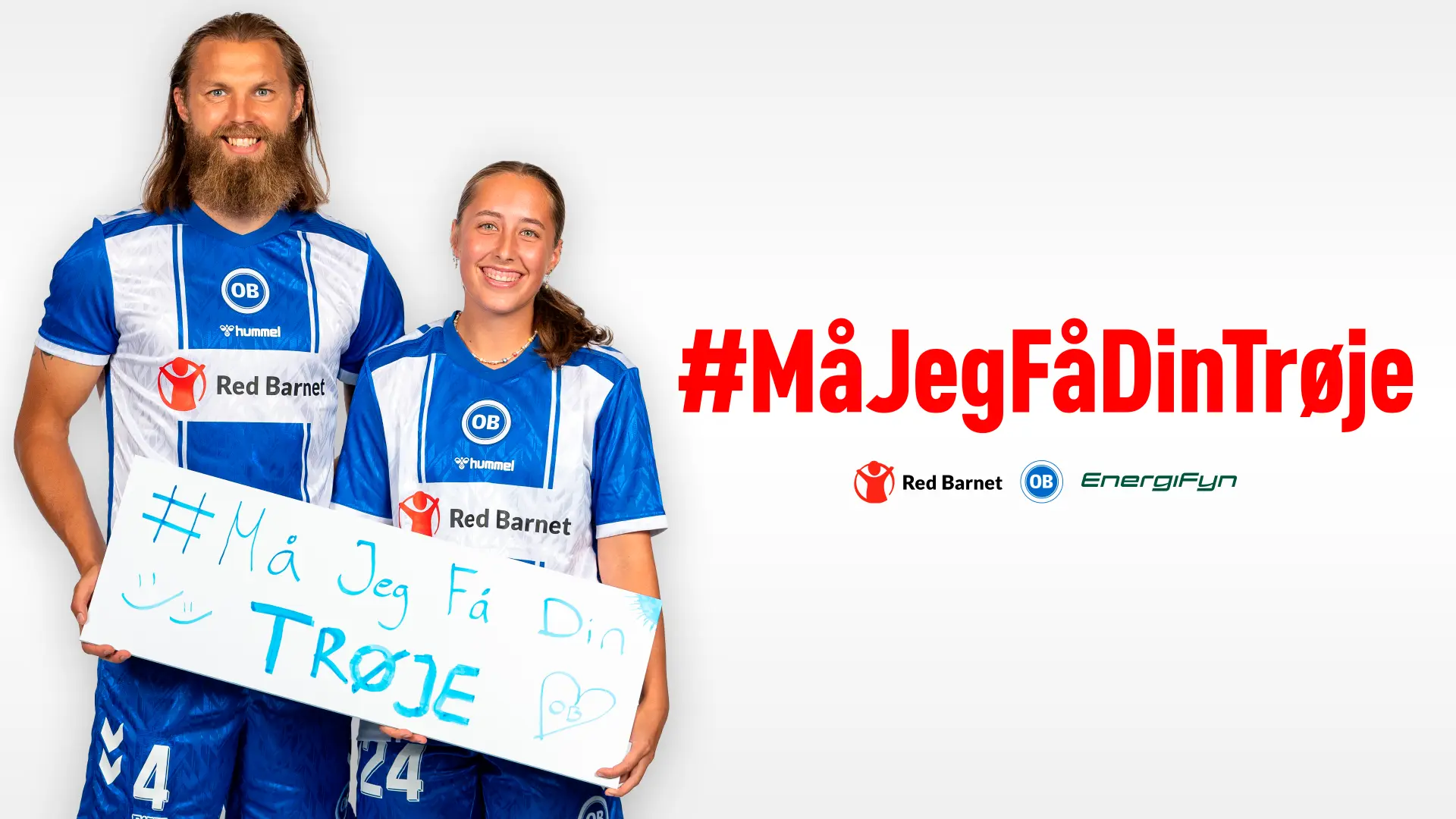 Kampagnegrafik for #MåJegFåDinTrøje med OB-spillere, håndskrevet skilt og logoer for Red Barnet og EnergiFyn
