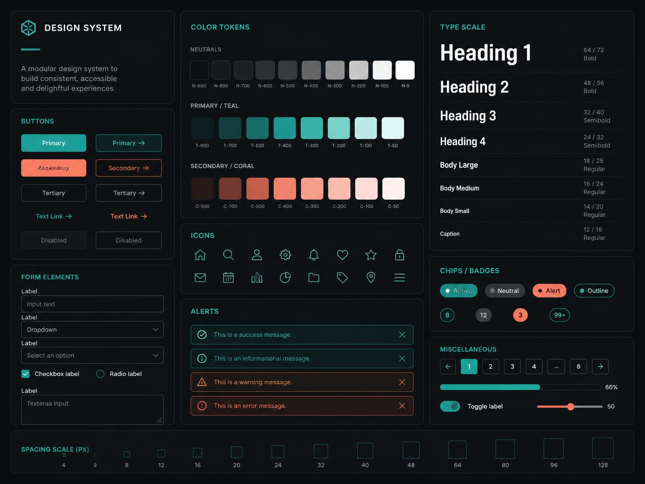 Designsystem med farvetokens, knapper og typografisk skala