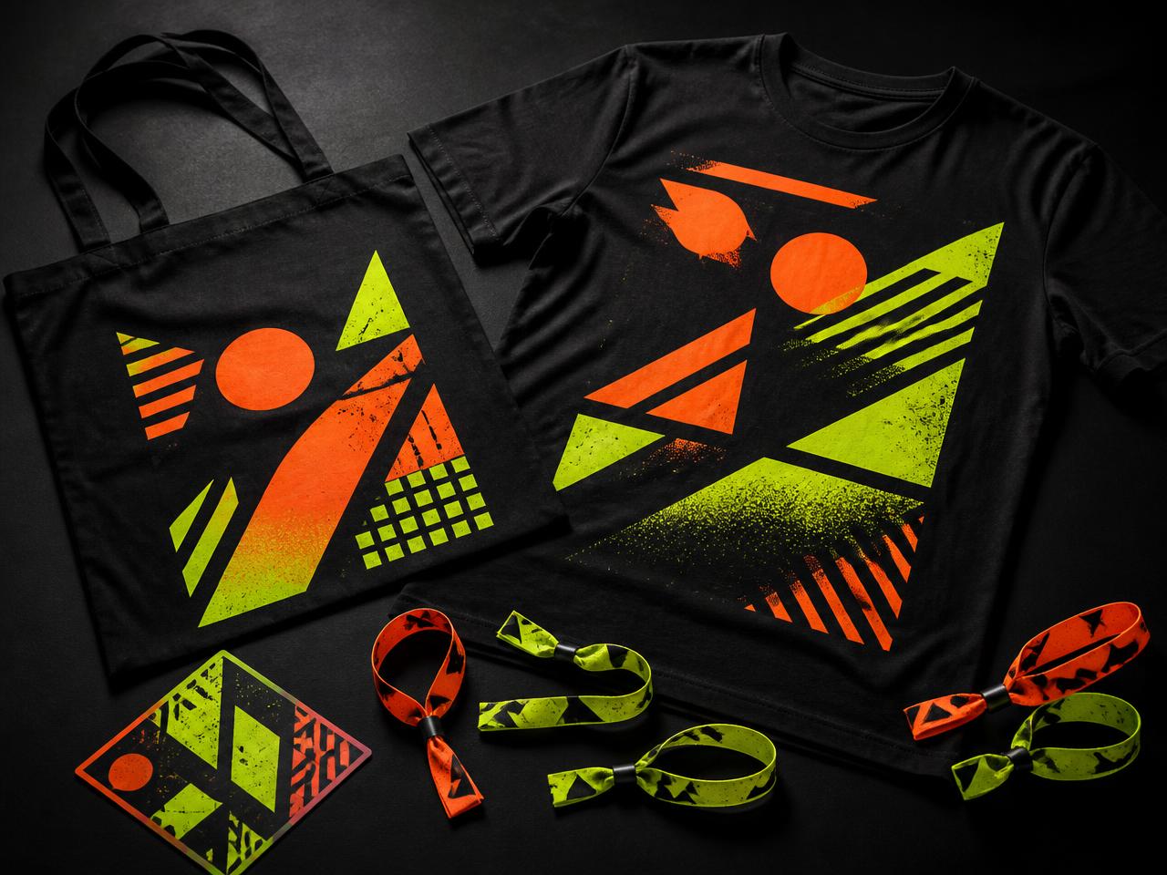 Festival-merchandise: totebag, t-shirt og armbånd i neonfarver
