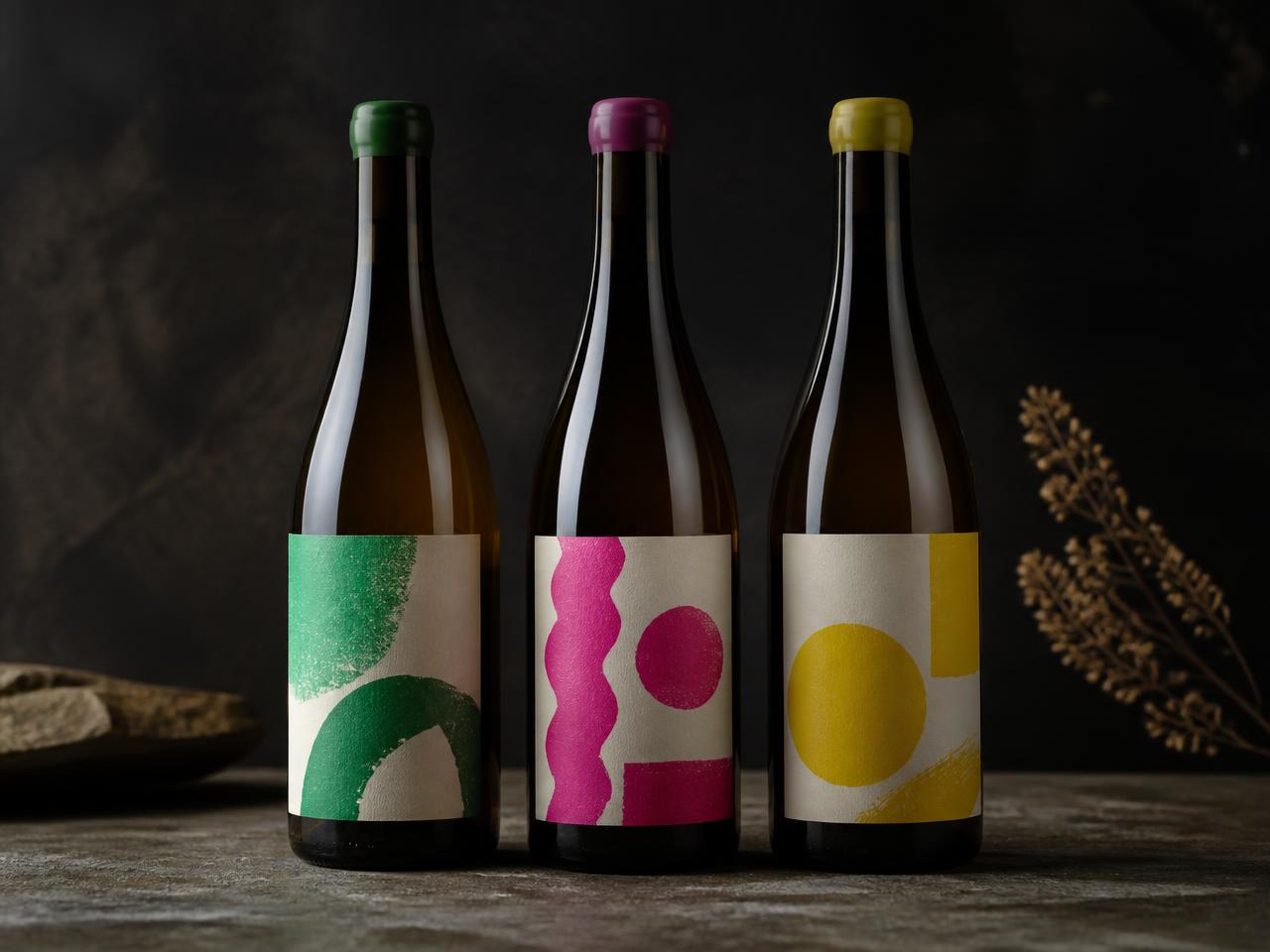 Tre vinflasker med grønne, magenta og gule abstrakte etiketter